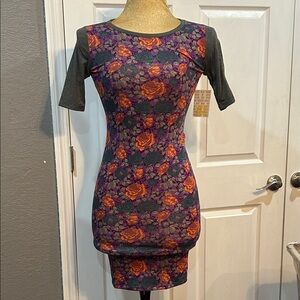 LuLaRoe Purple Floral Mini Dress with Orange and green Roses